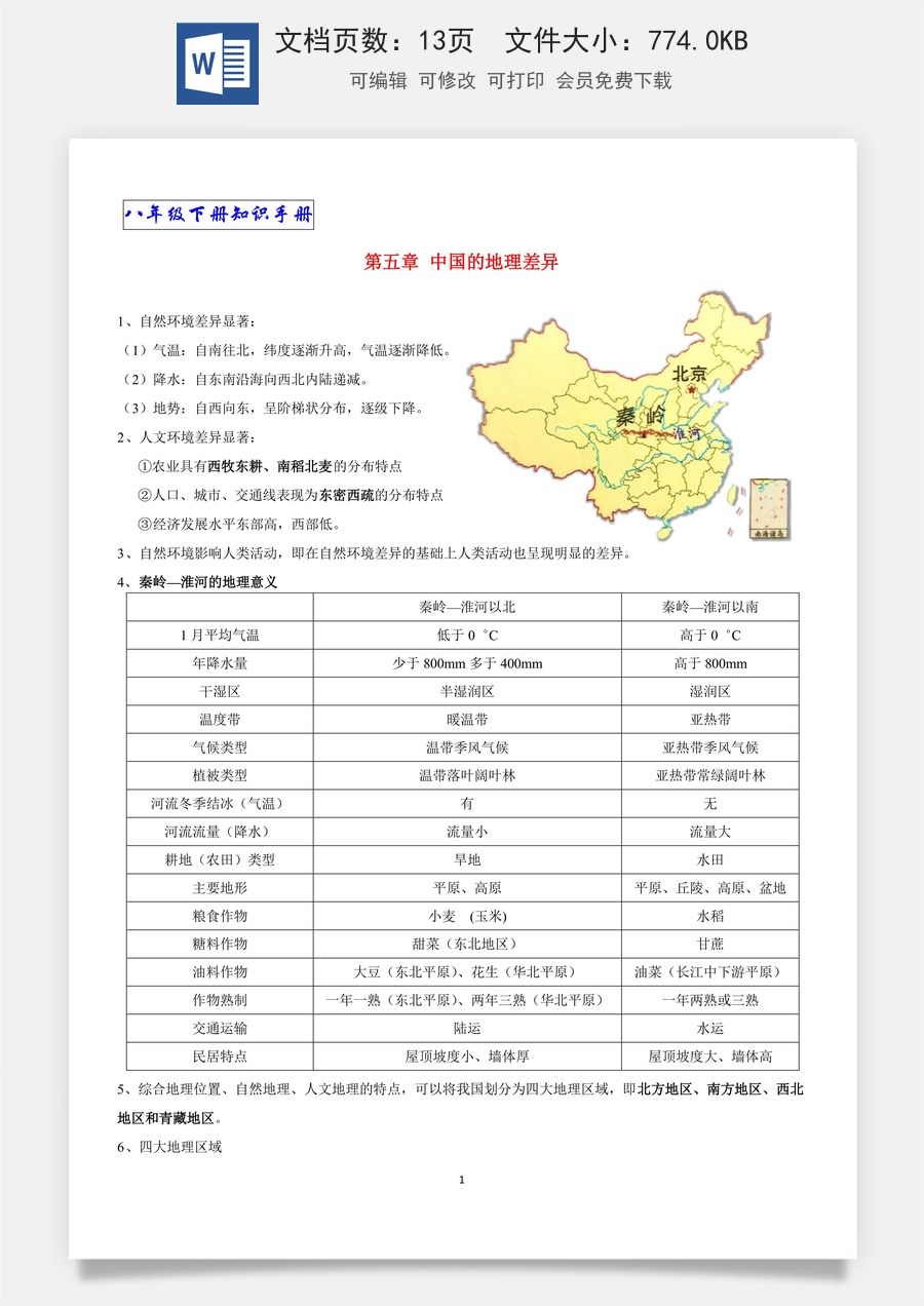 8年级下册人教版地理知识总结13页.docx