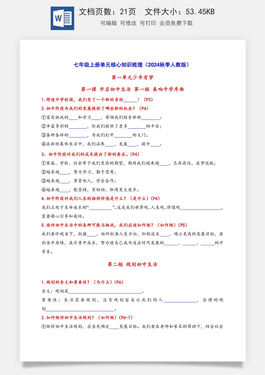 道德与法治七年级上册道法单元核心知识梳理（默写版）21页.docx