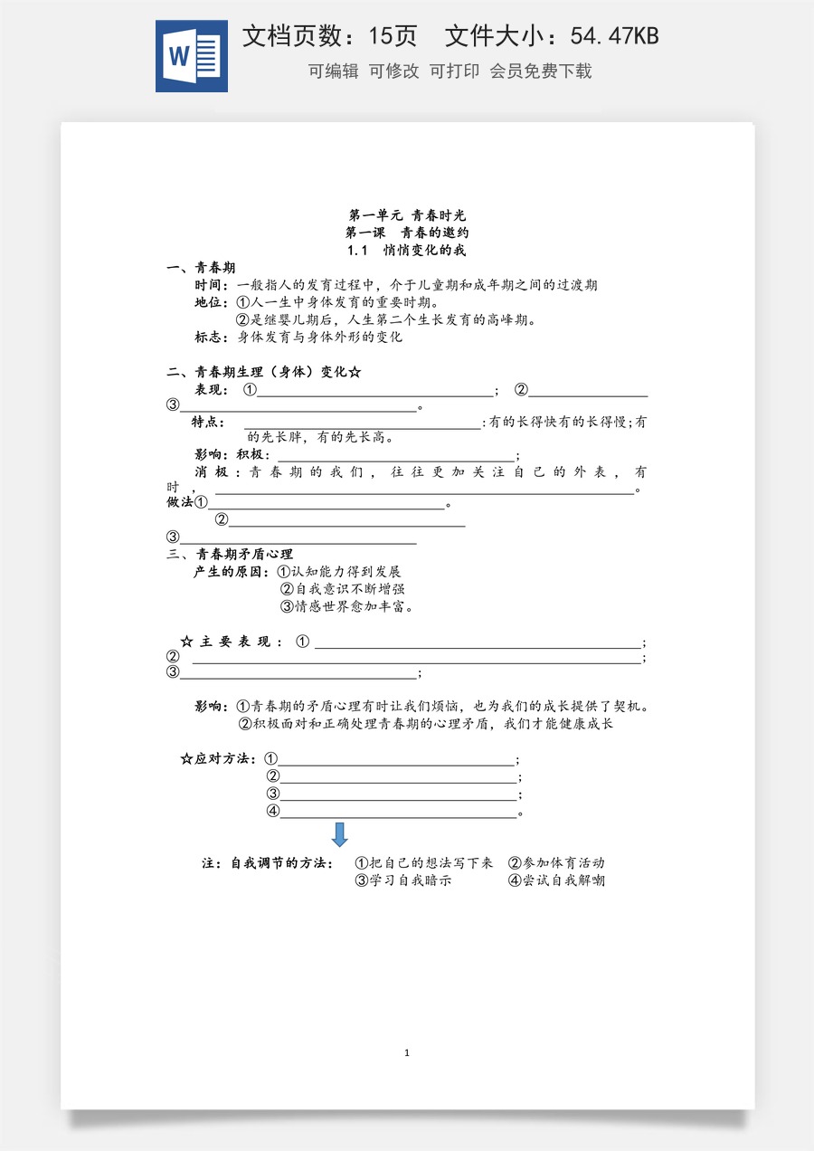 道德与法治七年级下册单元道法核心知识梳理（默写版）15页.docx