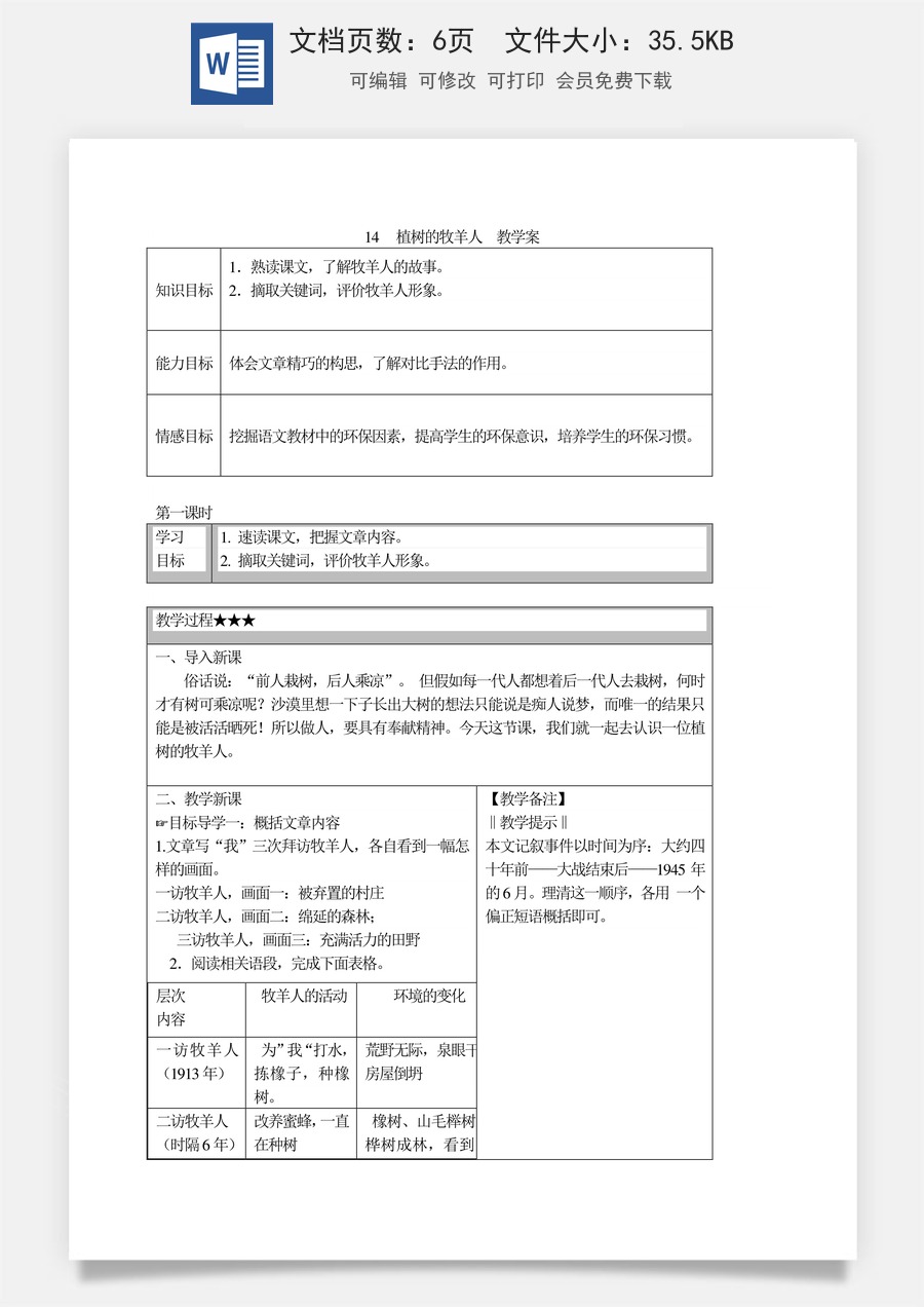 新版部编版初中语文七年级上册优质教案植树的牧羊人2.doc