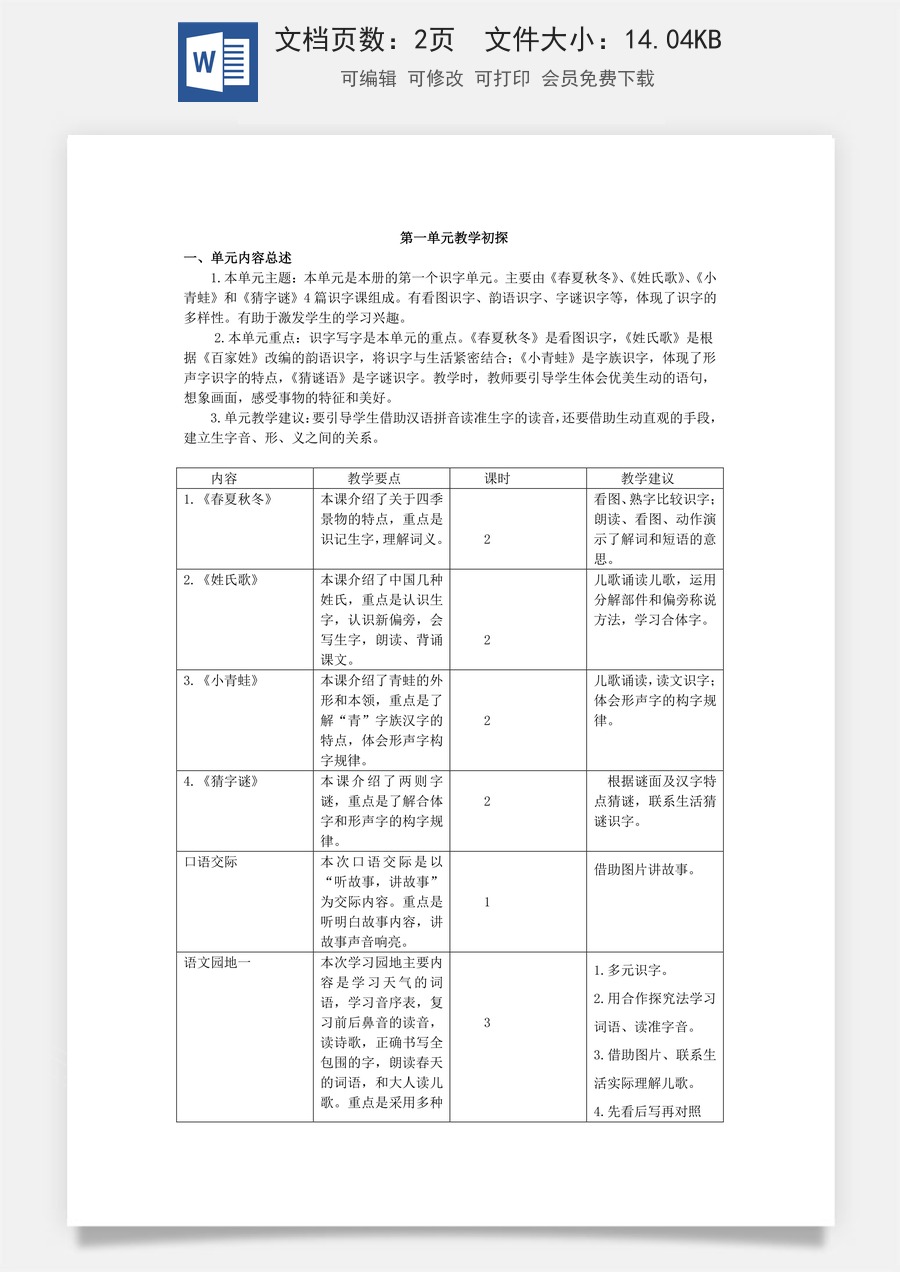语文一年级下册教案第2版第一单元教学初探.docx