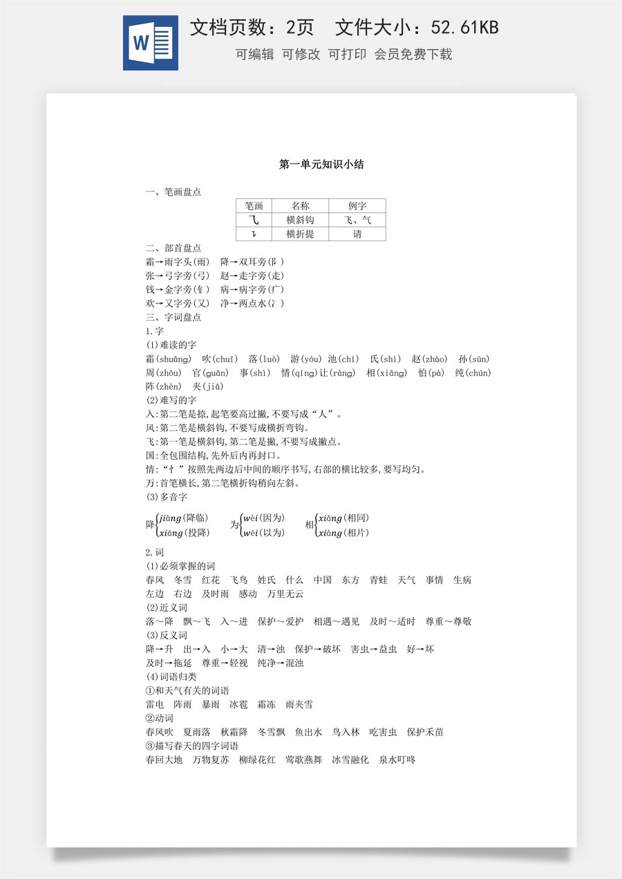 语文一年级下册教案第3版第一单元知识小结.docx