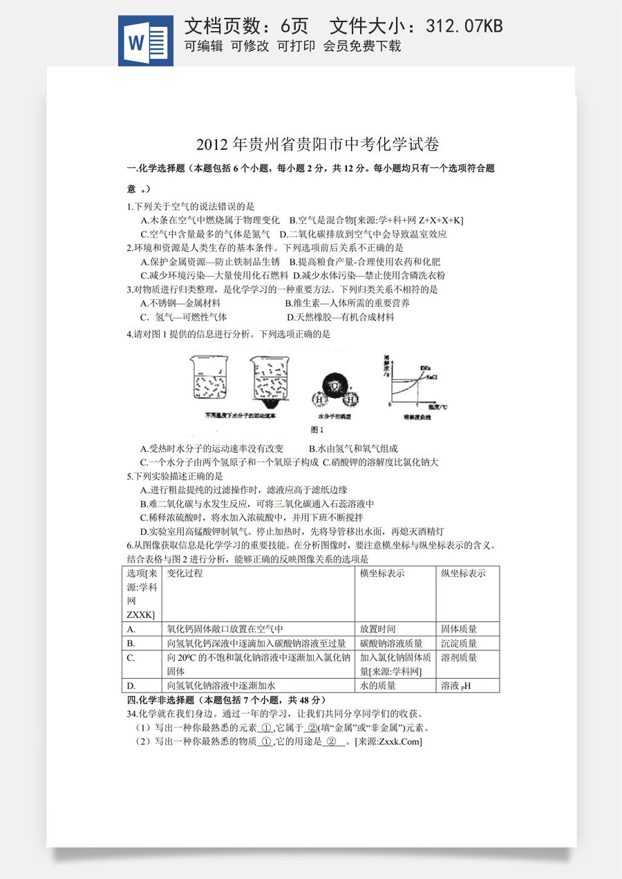 2012年贵州省贵阳市中考化学试卷及答案.doc