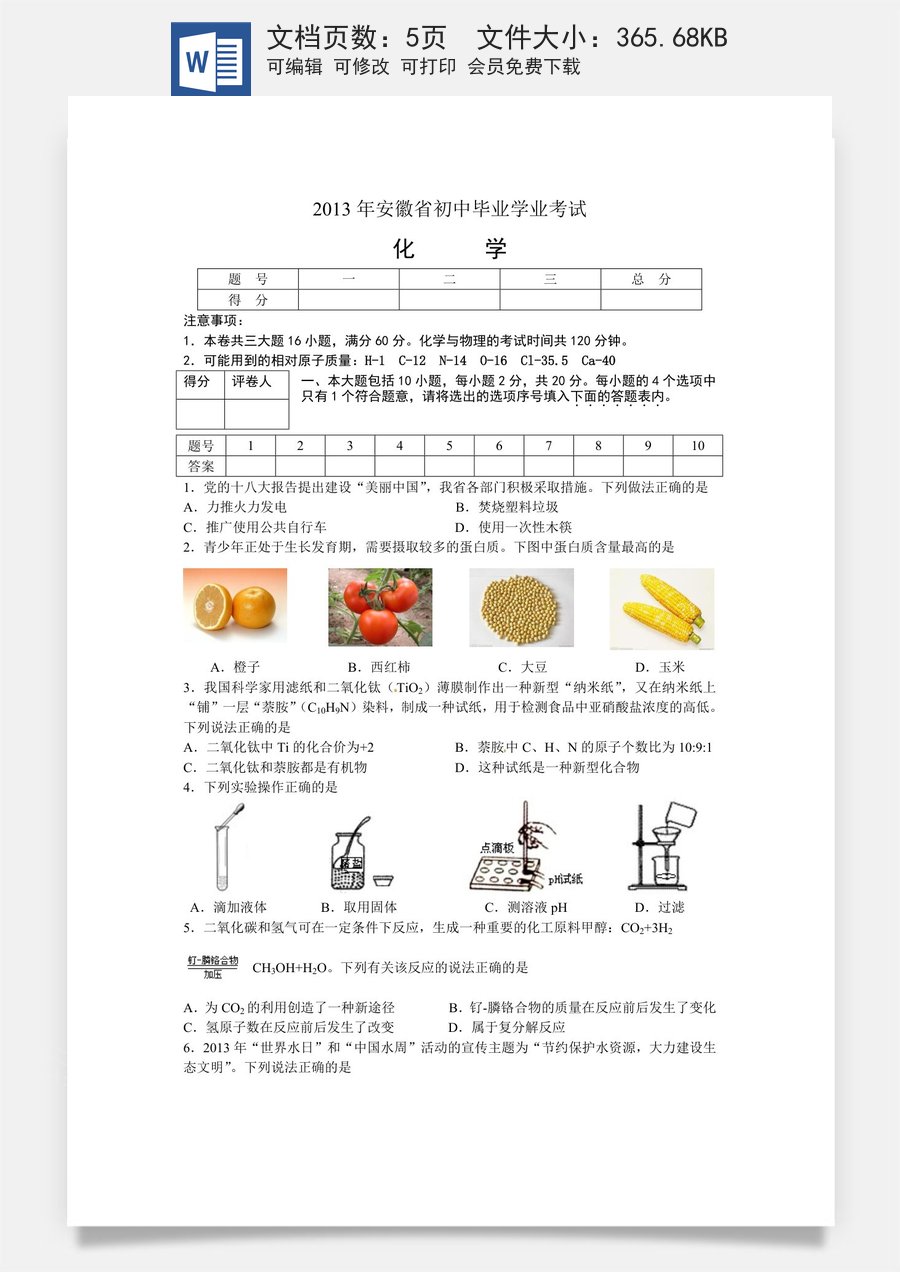 2013年安徽省中考化学试题及答案.doc