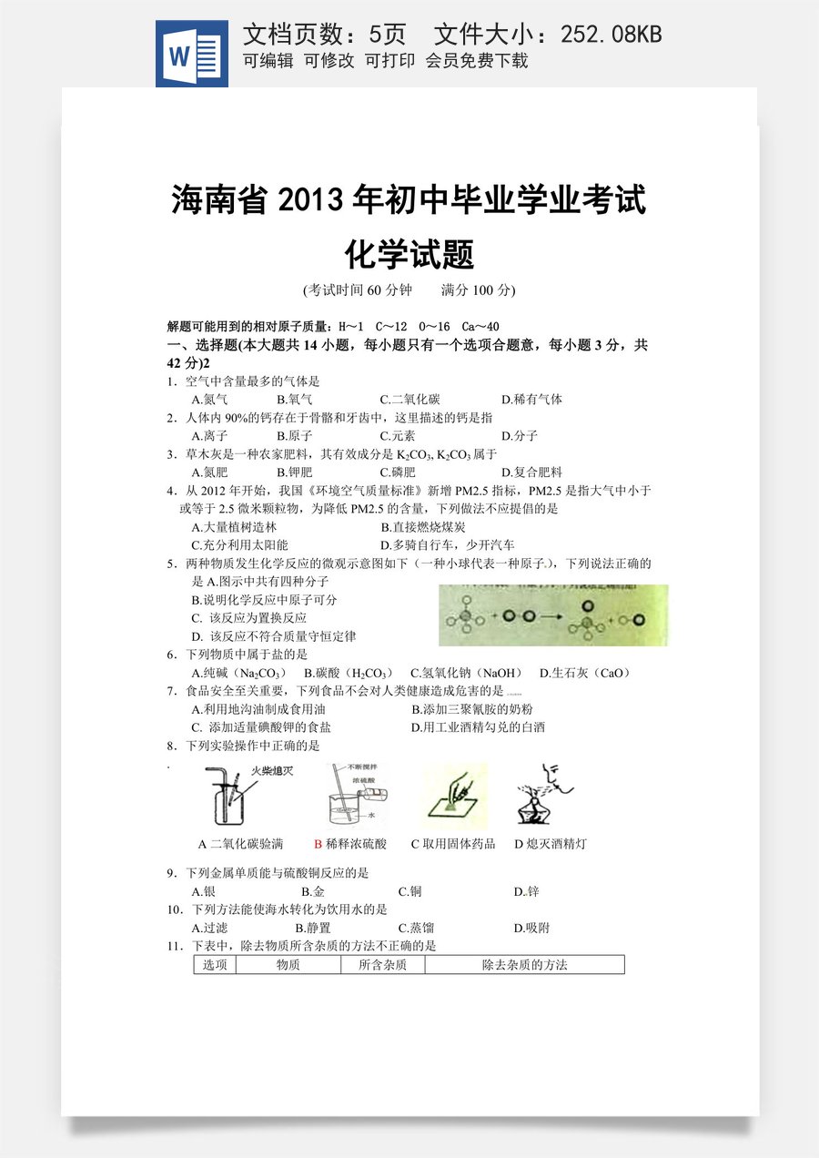 2013年海南中考化学试题及答案.doc