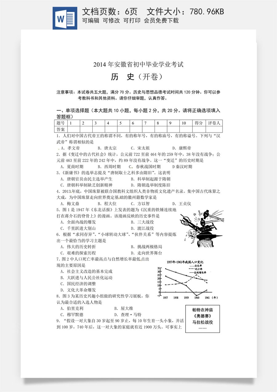 2014年安徽省历史中考试题及答案.doc