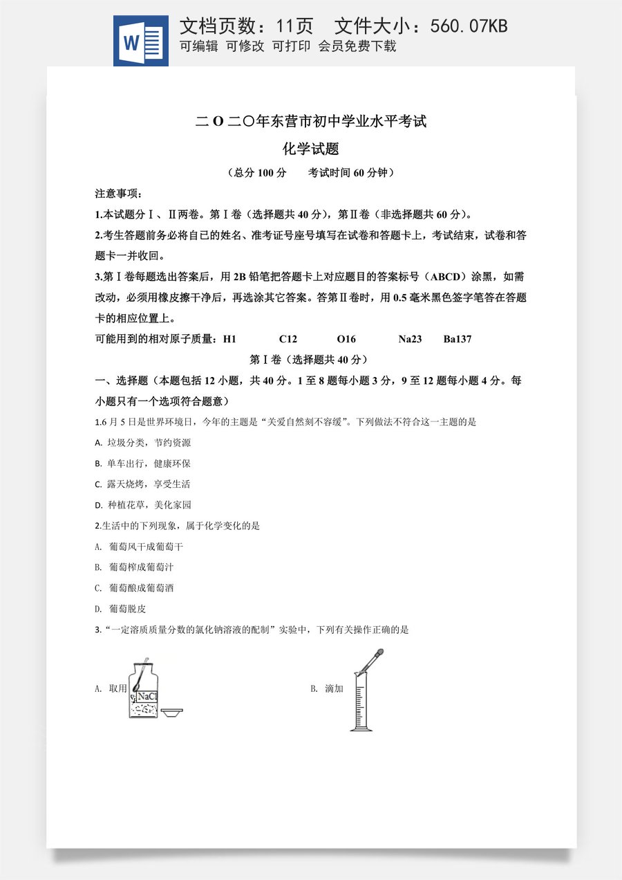 精品解析：山东省东营市2020年中考化学试题（原卷版）.doc