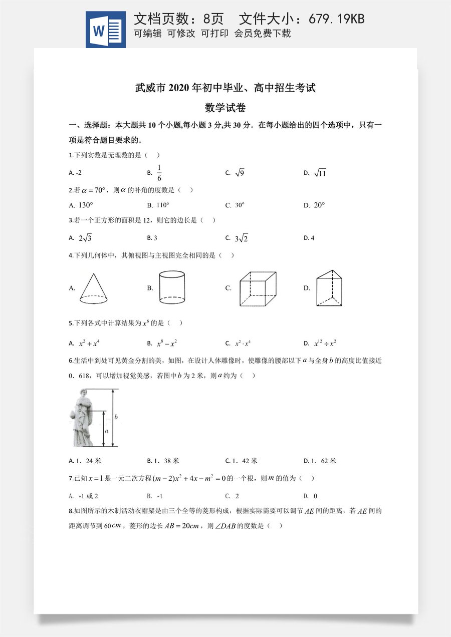 精品解析：甘肃省武威市2020年中考数学试题（原卷版）.doc