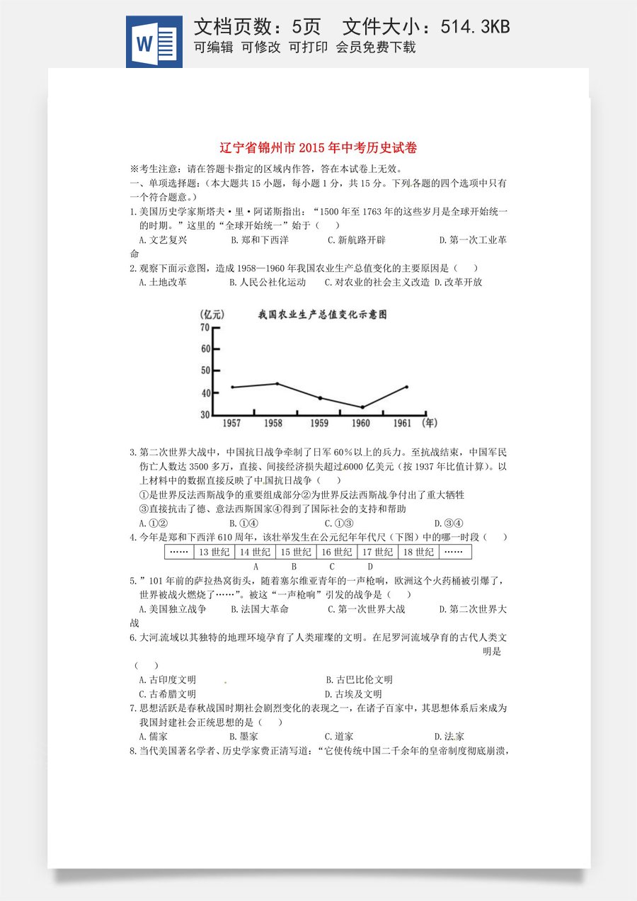 辽宁省锦州市2015年中考历史真题试题（含答案）.doc
