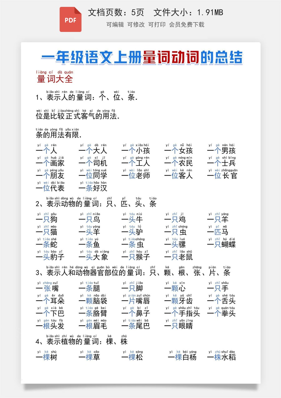 小学-语文-一年级上-一上语文量词动词总结.pdf
