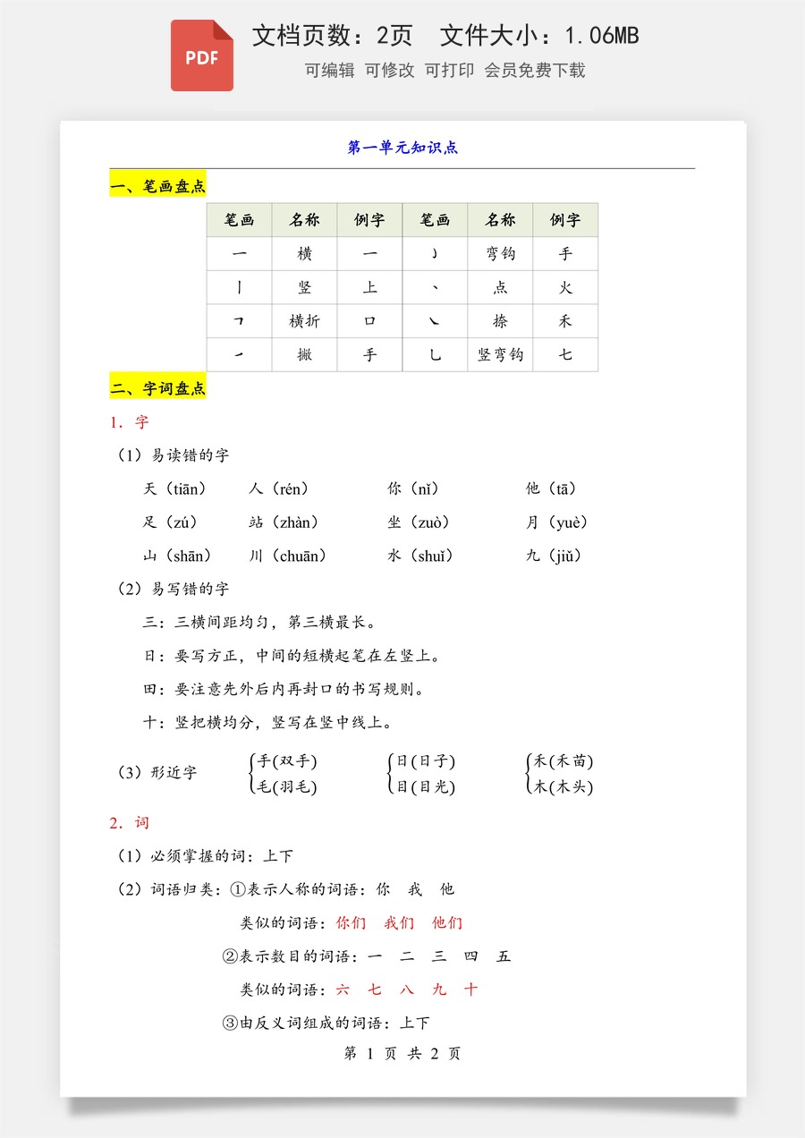 小学-语文-一年级上-第1单元（知识点）.pdf