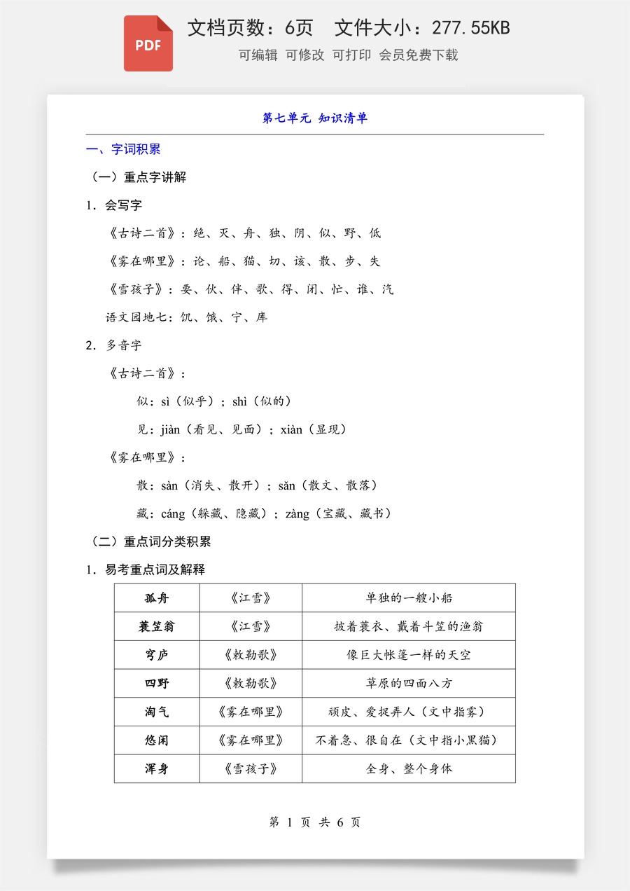 小学-语文-二上语文-第7单元（知识清单）.pdf